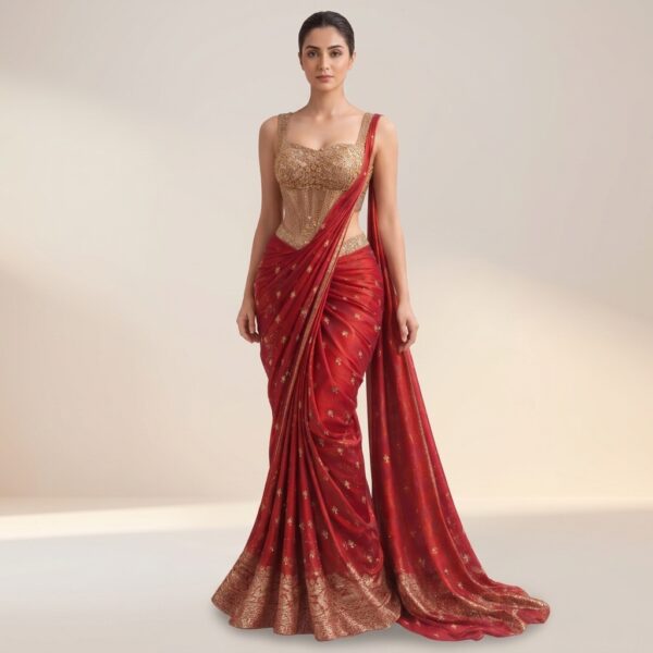 Red Silk Embroidered Saree With Gold Blouse - Image 1