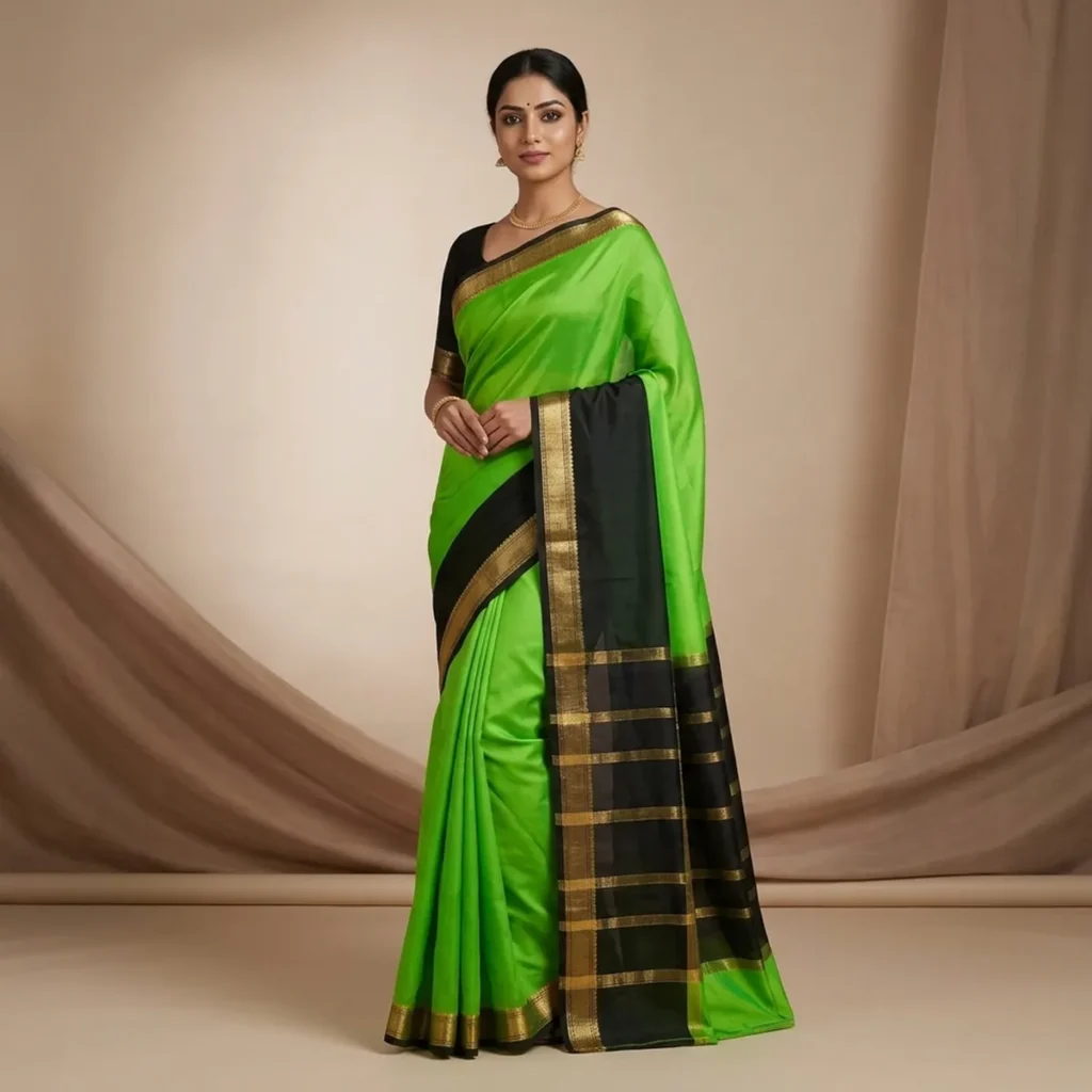 Model in a green silk saree