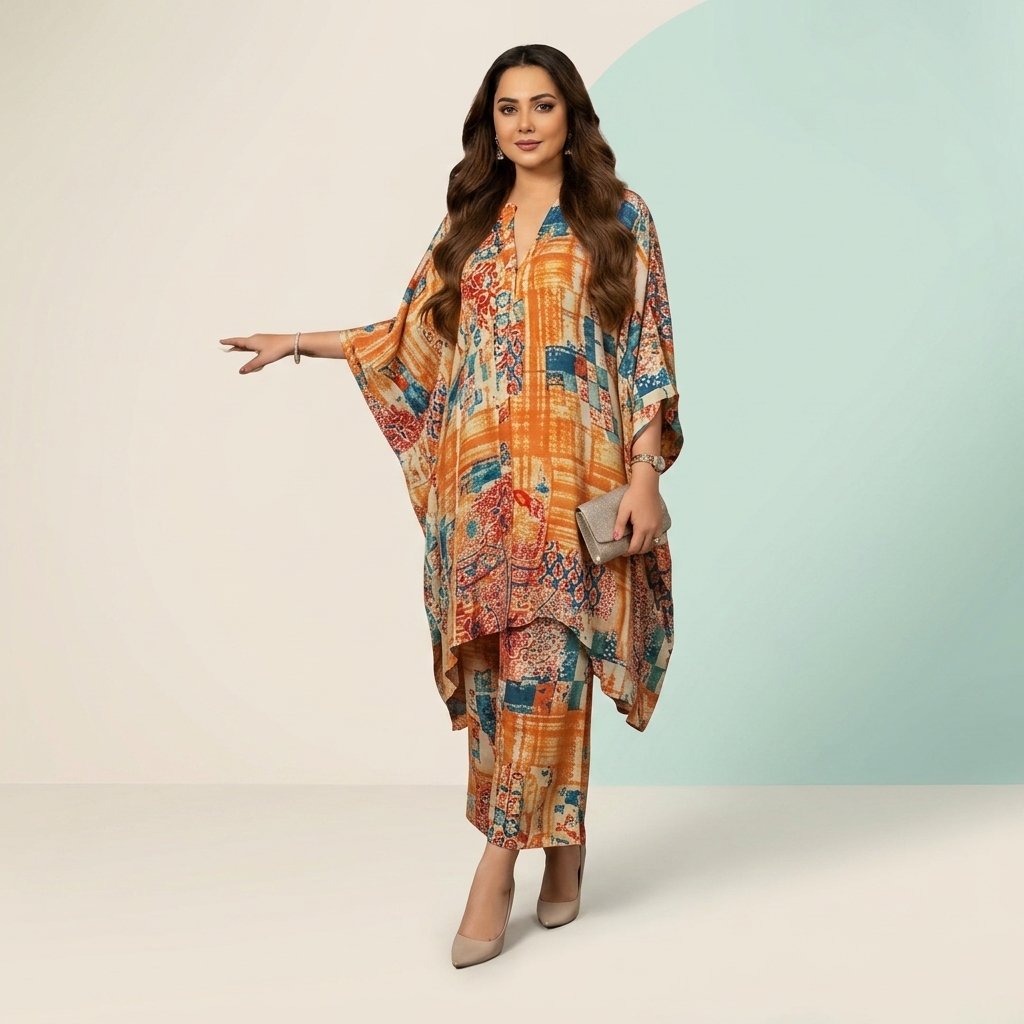Multicolor Floral Print Kaftan Style Kurta Set for Women