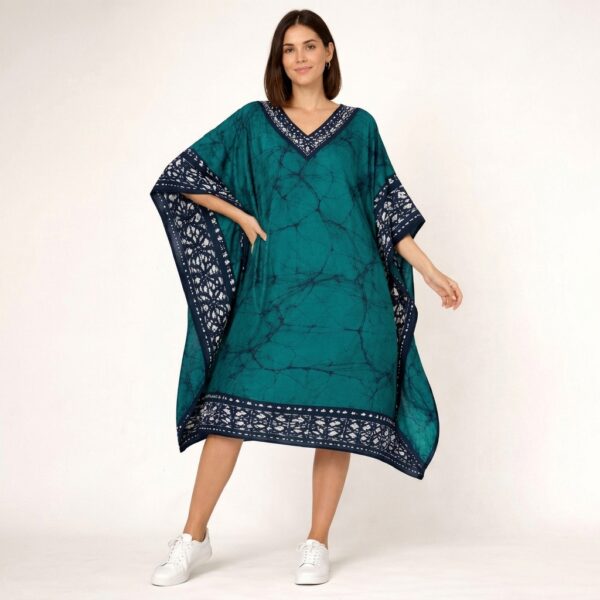 Teal Batik Kaftan with Navy Blue Border for Women - Image 1
