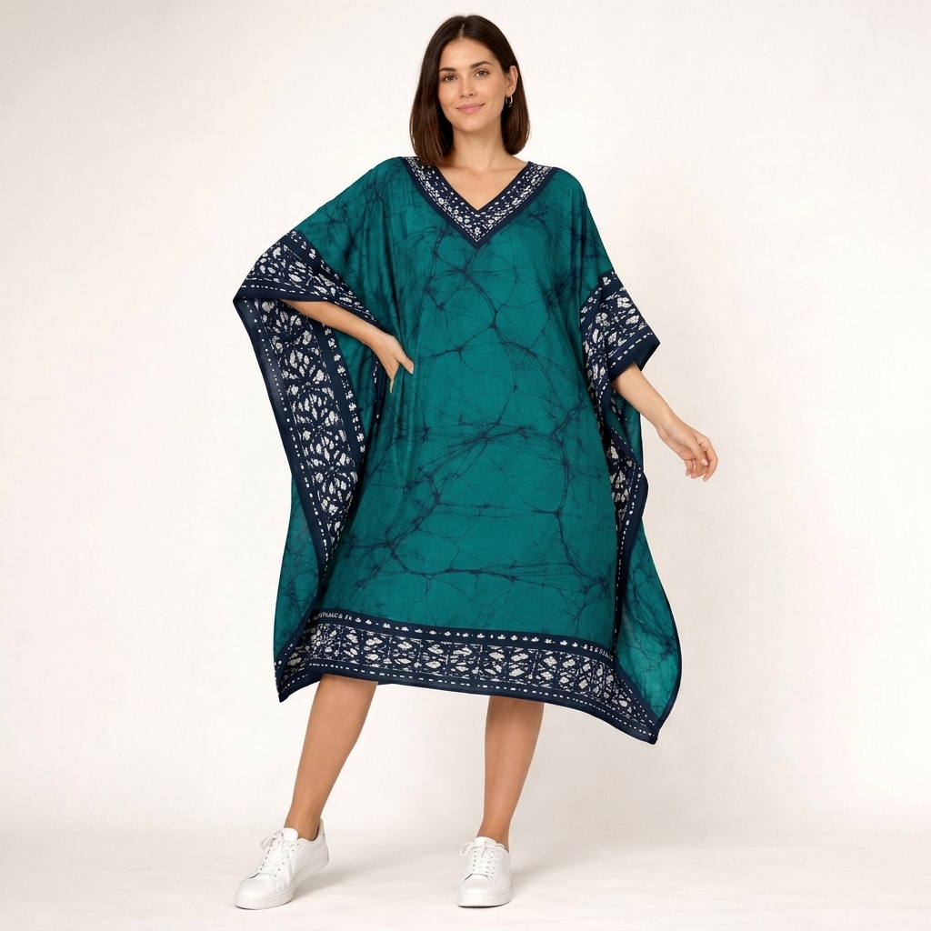 Teal Batik Kaftan with Navy Blue Border for Women