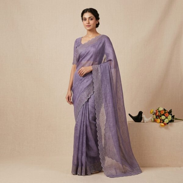 Purple Tissue crape Embellished Scalloped Saree With unstiched Blouse - Image 1