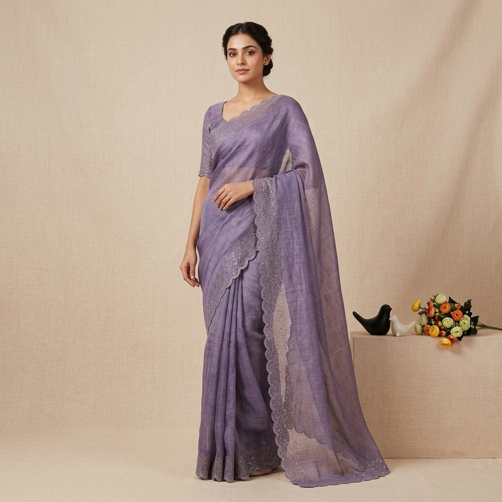 Purple Tissue crape Embellished Scalloped Saree With unstiched Blouse