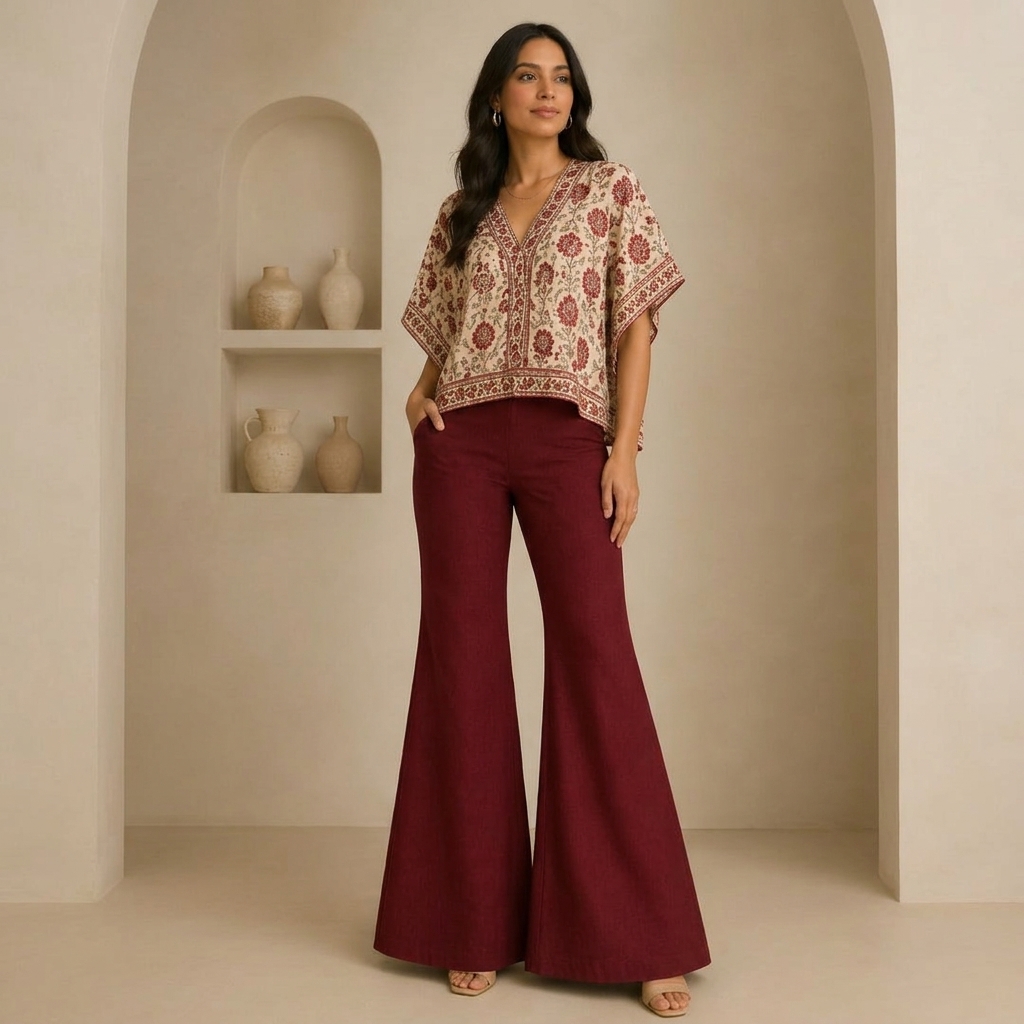 Beige Floral Print Kaftan Top With Maroon Wide Leg Pants Set for Women