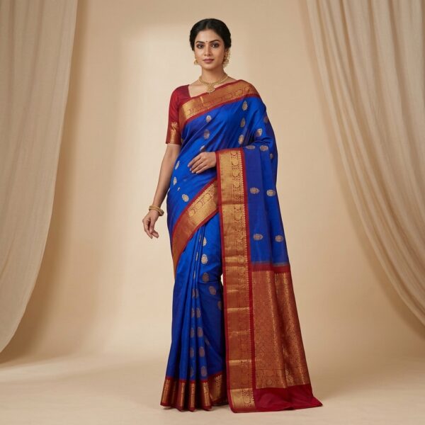 Maroon &Royal Blue border Mysore Silk Saree and Gold Zari Work - Image 1