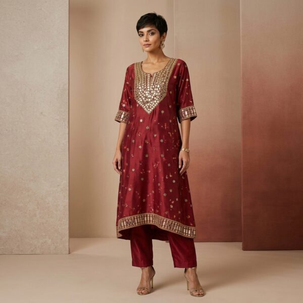 Maroon Silk Embellished Kurta Set for Women - Image 1