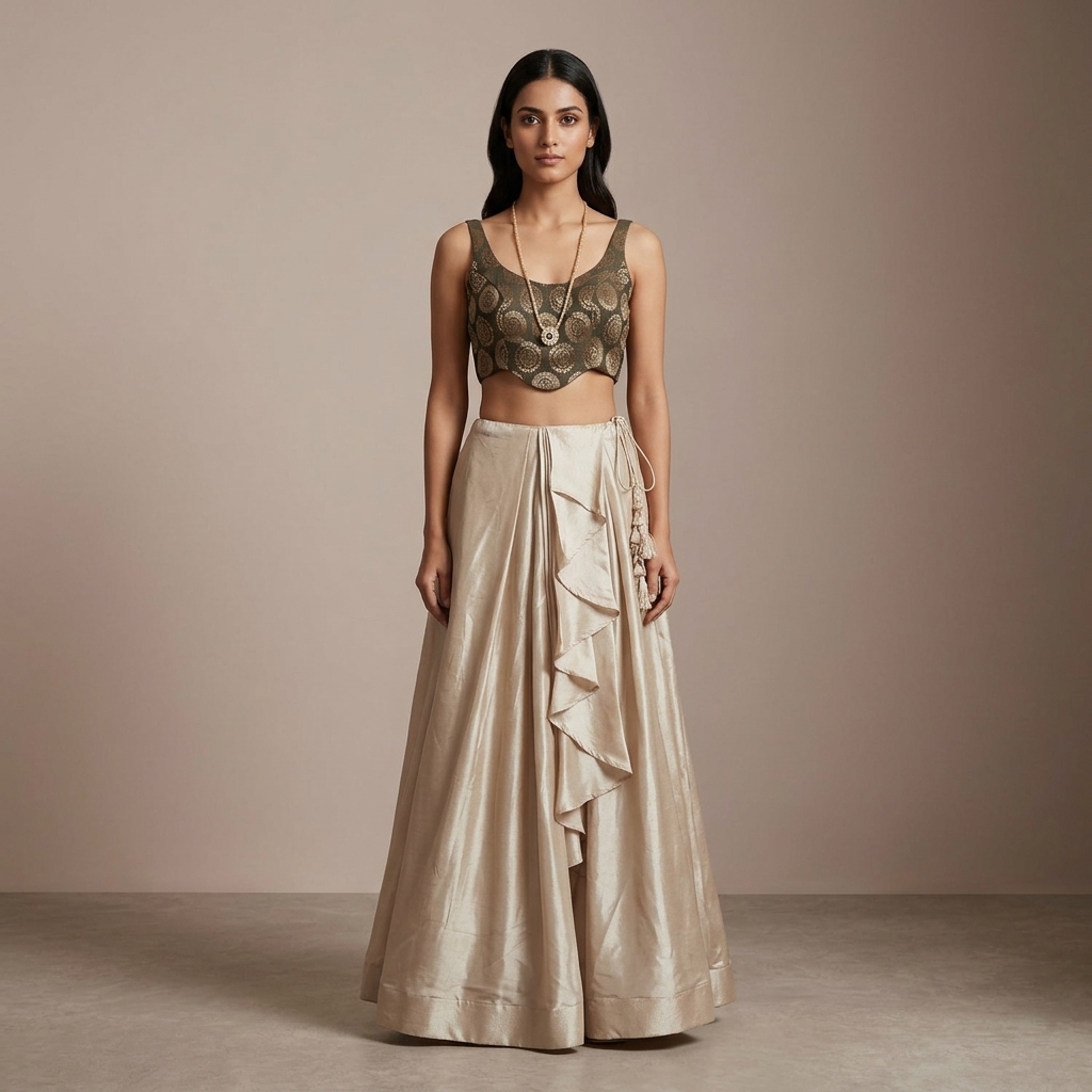 Beige Embroidered Crop Top And Skirt Set For Women