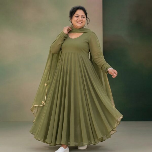 Olive Green Georgette Flared Anarkali Dress for Women - Image 1