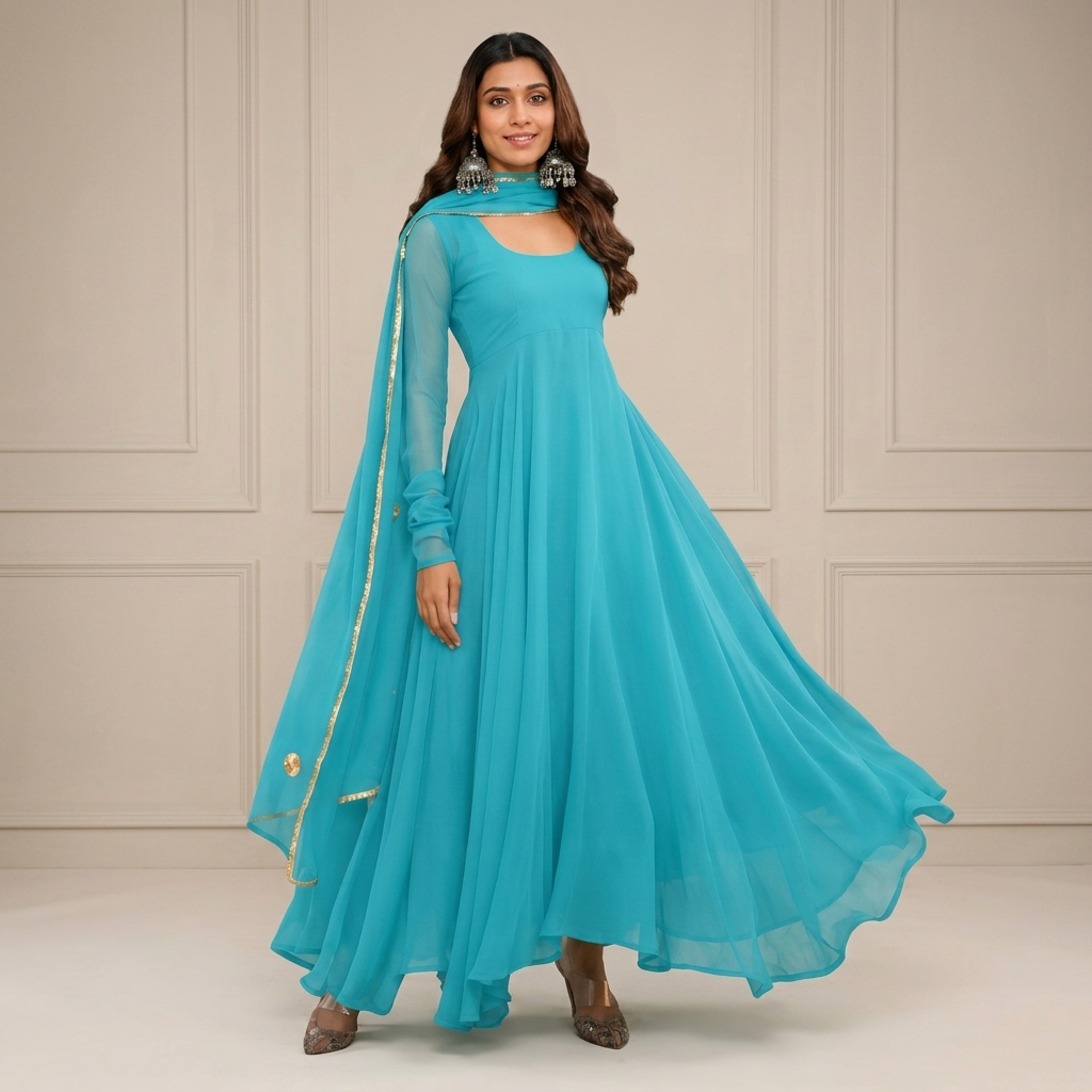 Turquoise Georgette Anarkali Suit Set for Women