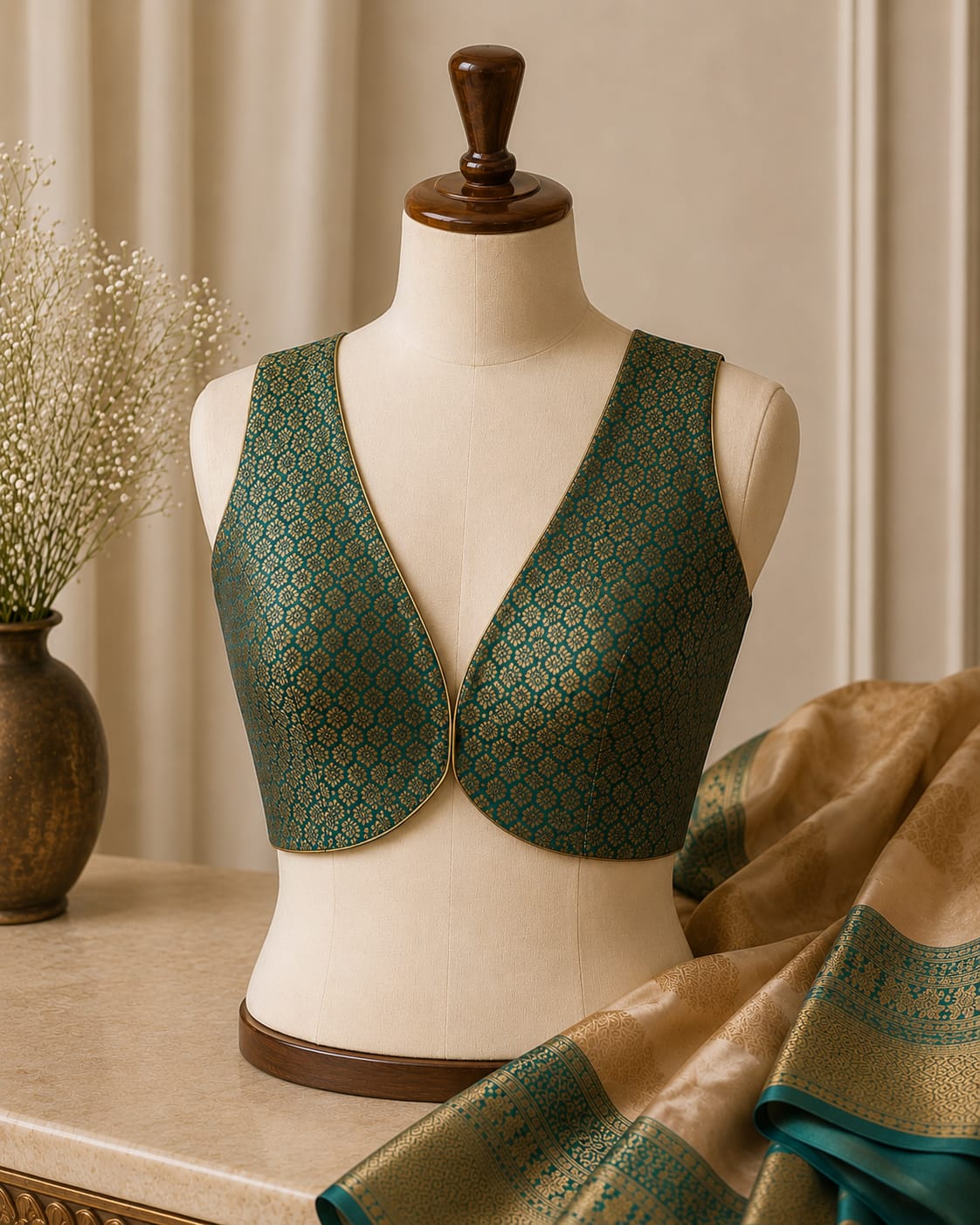 sabyasachi cut Green Brocade blouse sleeveless - Image 1
