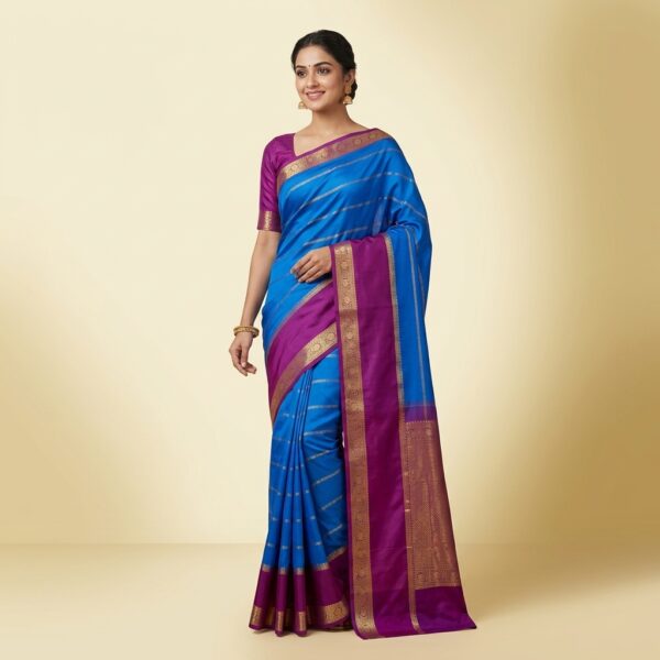Wine with Royal blue Mysore crape Silk Saree with Golden Border - Image 1