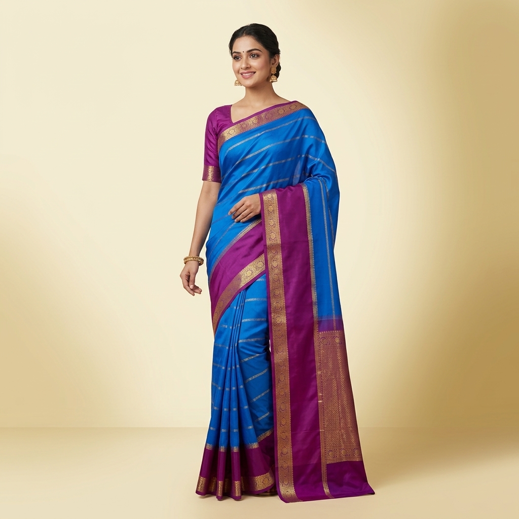 Wine with Royal blue Mysore crape Silk Saree with Golden Border