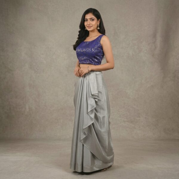 Purple Blue Brocade Blouse And Grey Draped Skirt Set For Women - Image 1