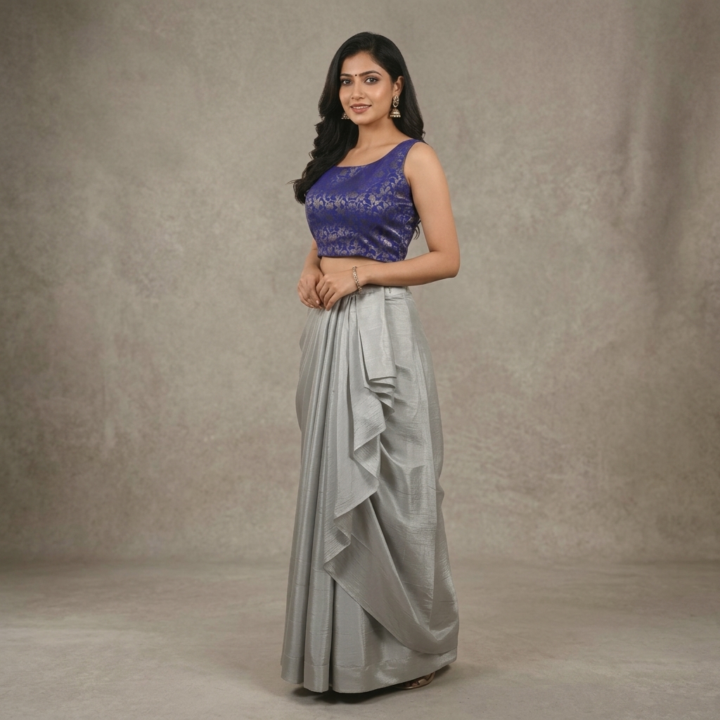 Purple Blue Brocade Blouse And Grey Draped Skirt Set For Women