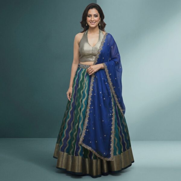 Green Blue Wave Pattern Embroidered Lehenga Choli Set for Women - Image 1