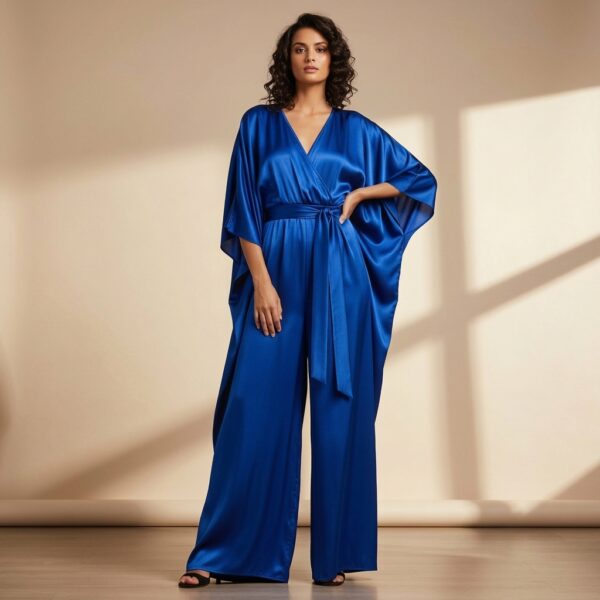 Blue Satin Kimono Style Jumpsuit for Women - Image 1