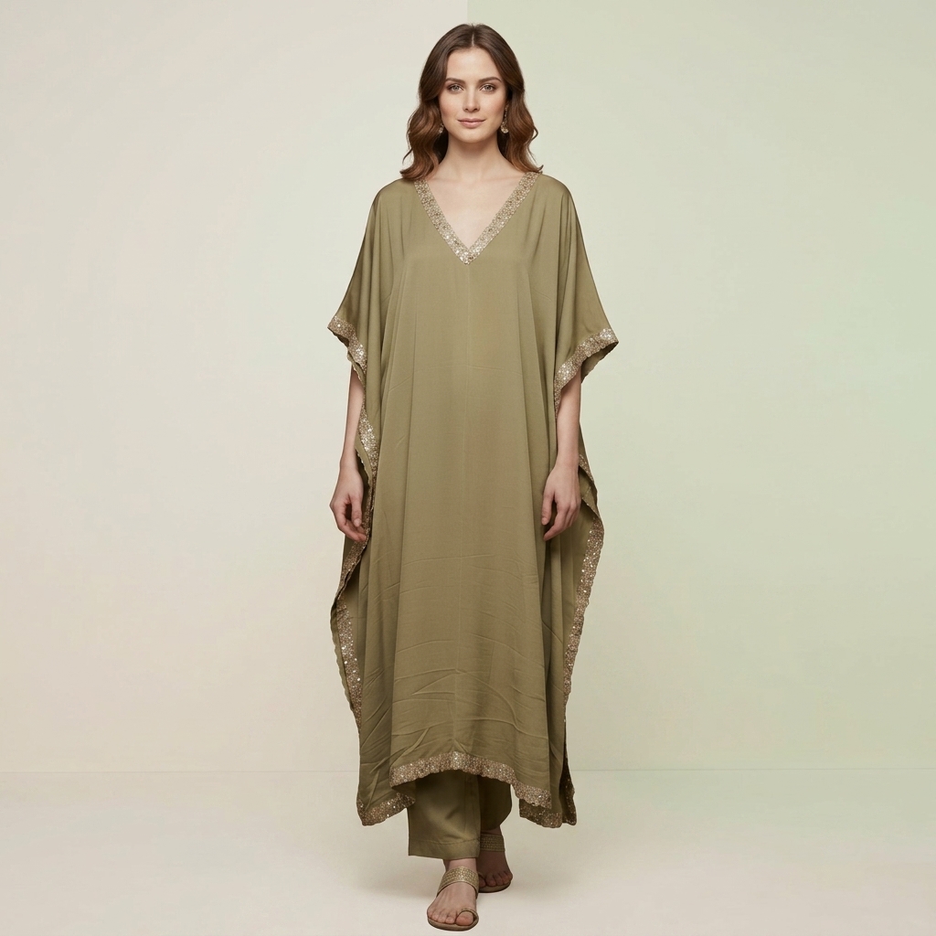 Olive Green Embellished  Kaftan Kurta Set for Women
