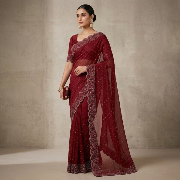Maroon Tissue crape Embellished Scalloped Saree With unstiched Blouse - Image 1