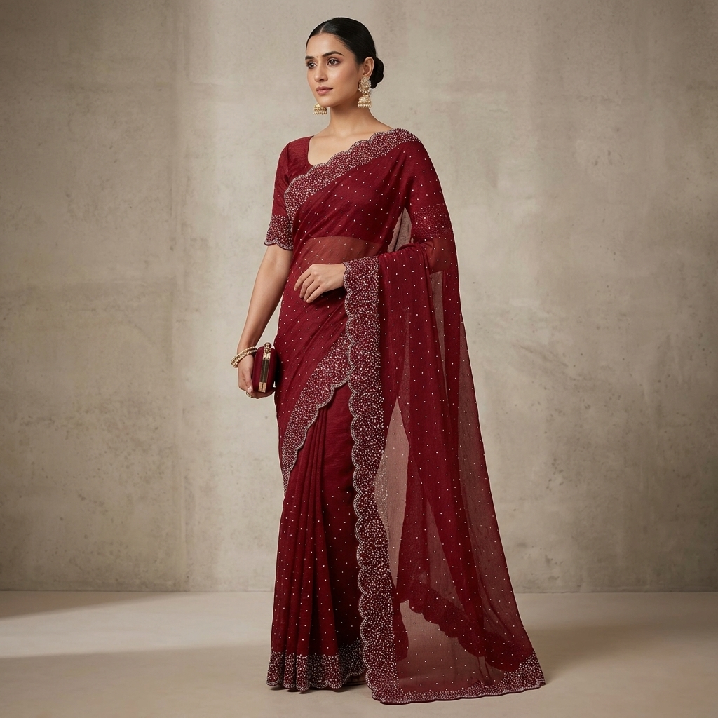 Maroon Tissue crape Embellished Scalloped Saree With unstiched Blouse