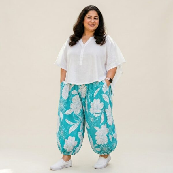 Turquoise Floral Print Wide Leg Baloon Pants for Women - Image 1