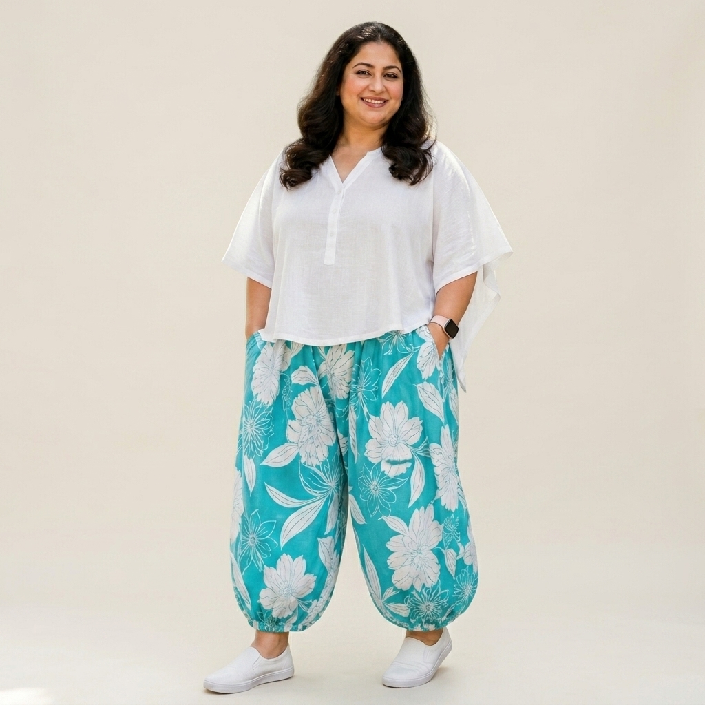 Turquoise Floral Print Wide Leg Baloon Pants for Women