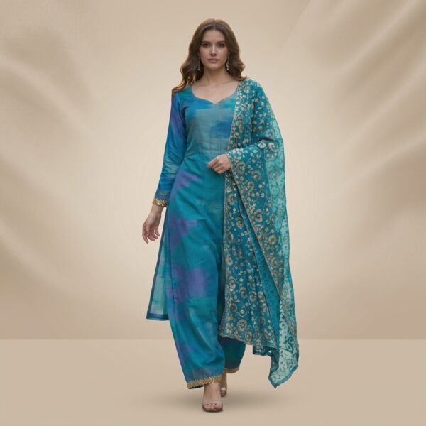 Turquoise Silk Blend Printed Aline straight silk Kurta Set with dupatta for Women - Image 1