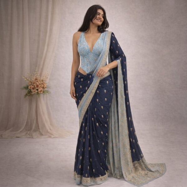 Navy Blue Sequin Embellished Saree with Light Blue Blouse - Image 1