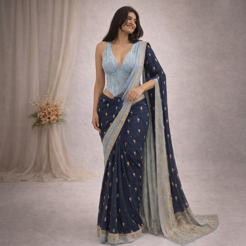Navy Blue Sequin Embellished Saree with Light Blue Blouse