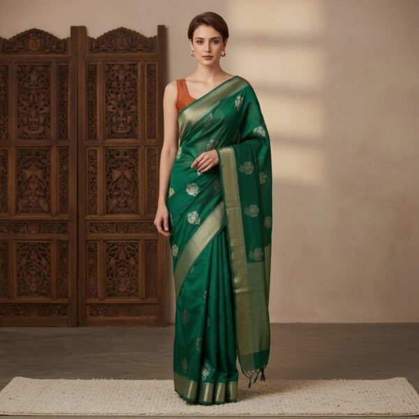 Green Banarasi Silk Handloom Saree With Golden Border - Image 1