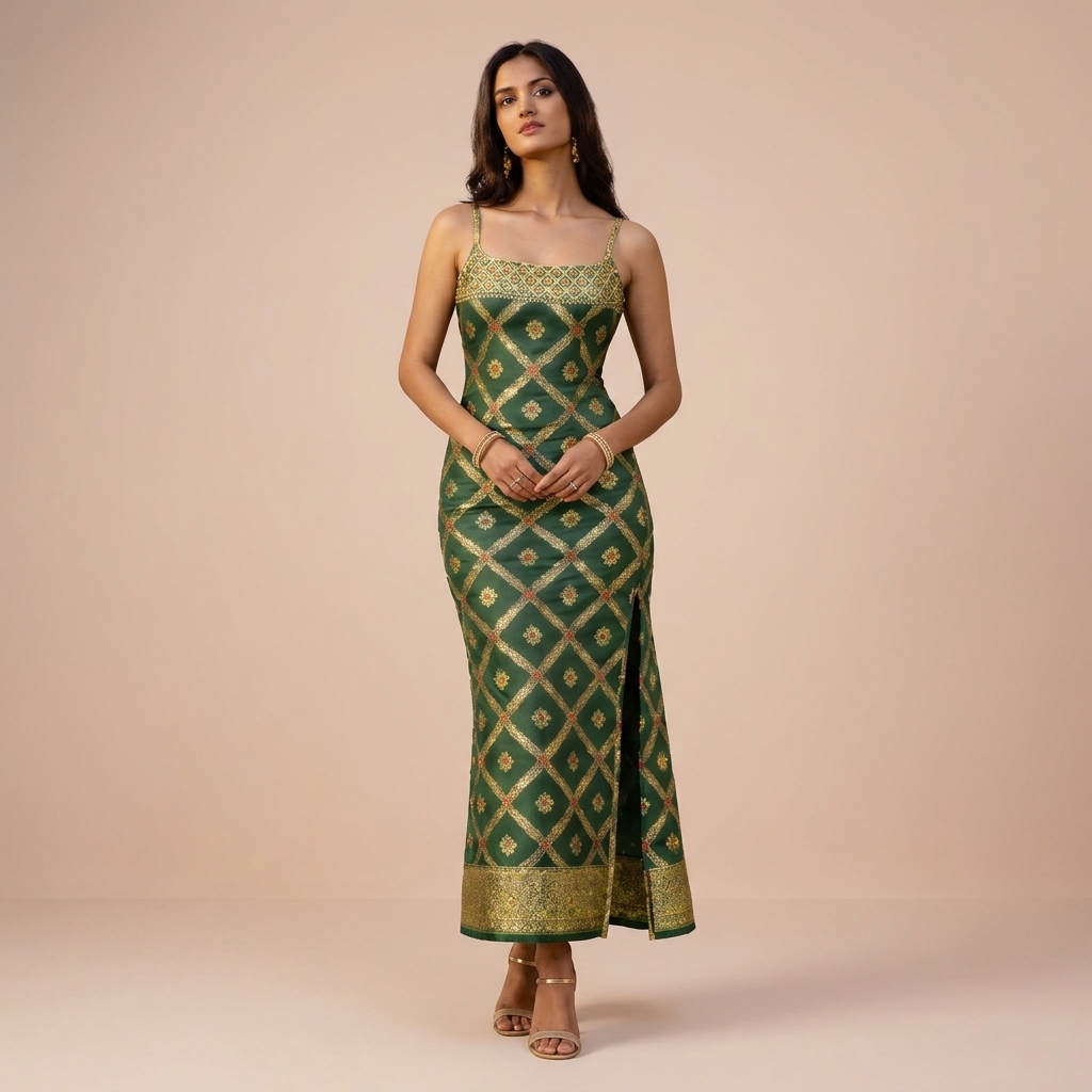 Green Gold Embroidered Ethnic Gown for Women