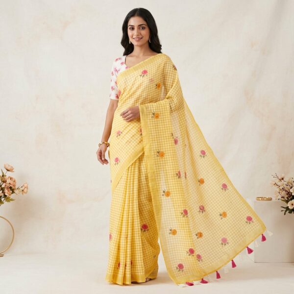 Yellow Gingham Check print Saree with unstiched /stiched Blouse - Image 1