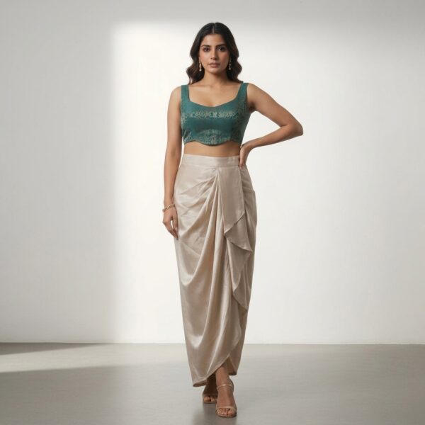 Teal Green Embellished Crop Top with Beige Draped Dhoti Pants - Image 1