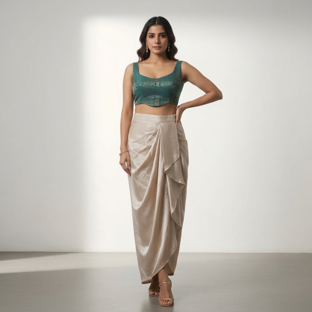 Teal Green Embellished Crop Top with Beige Draped Dhoti Pants