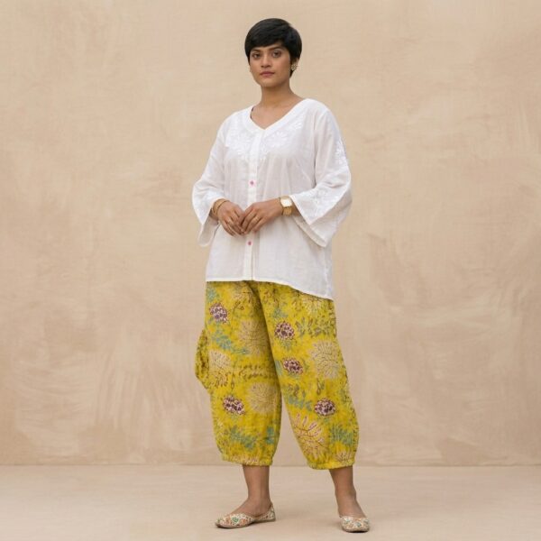 White Floral cotton Kurta With Yellow Printed Baloon pant Set For Women - Image 1