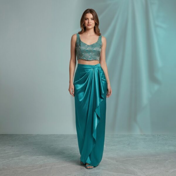 Teal Embellished Crop Top And Satin Drape Skirt Set For Women - Image 1