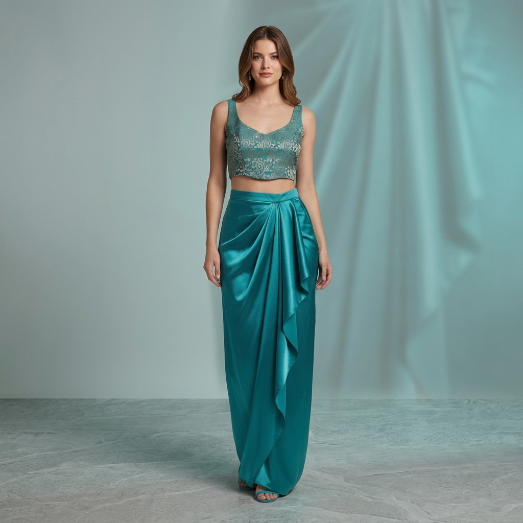 Teal Embellished Crop Top And Satin Drape Skirt Set For Women