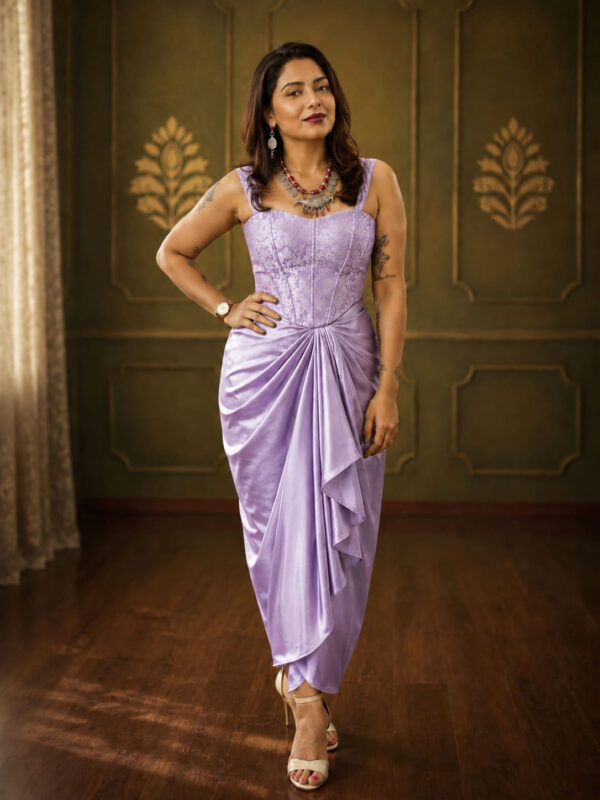 Lavender Satin Draped Skirt with Lavender Brocade Corset Crop Top Set - Image 1