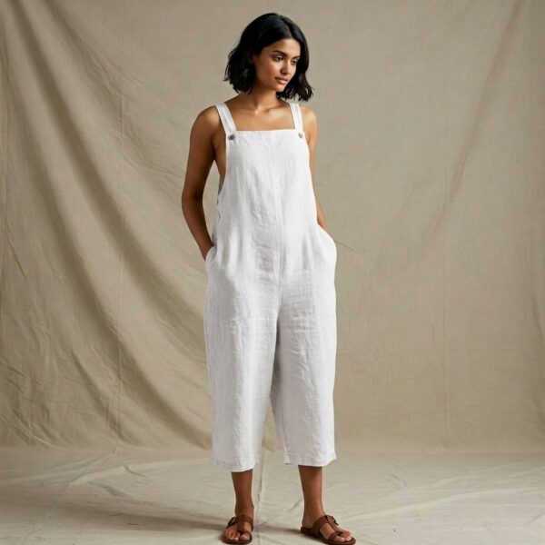White Linen Sleeveless Wide Leg Jumpsuit for Women - Image 1