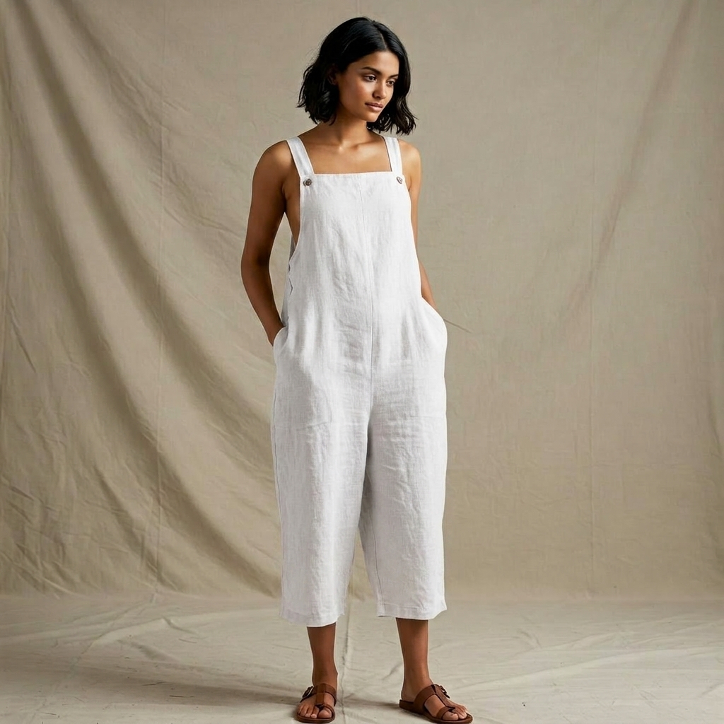 White Linen Sleeveless Wide Leg Jumpsuit for Women
