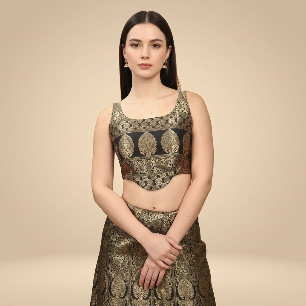 Black And Gold brocade stiff corset blouse For Women