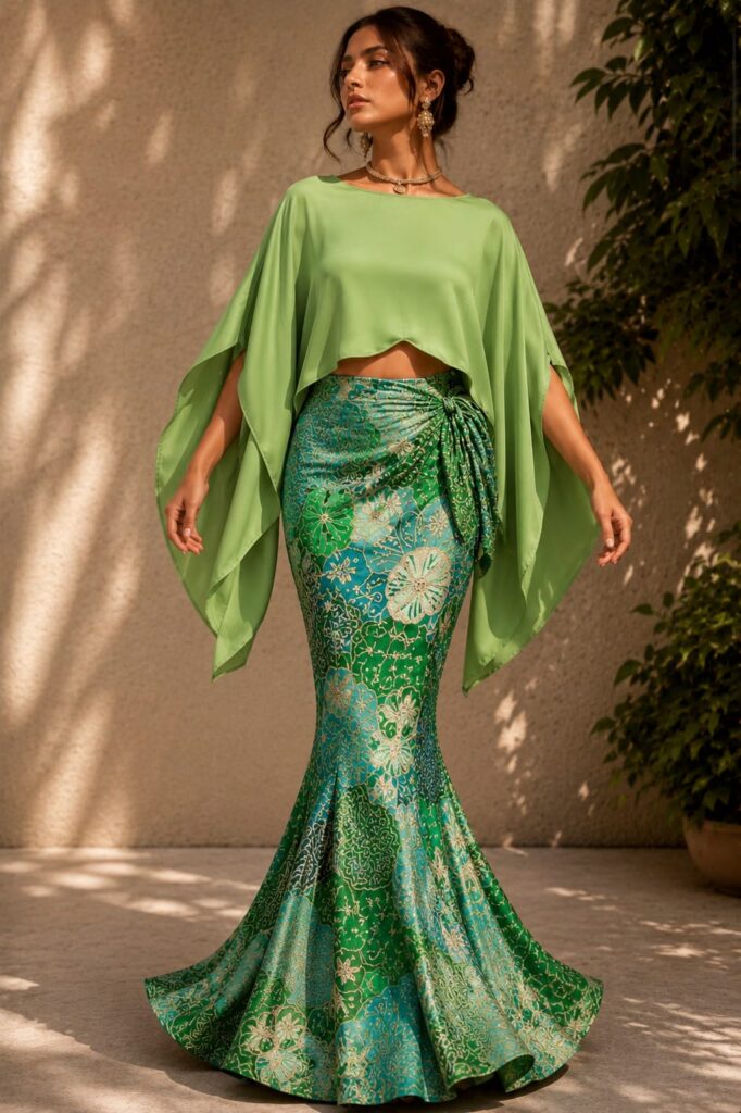 Meadow Mist Printed Mermaid Skirt with Cape Top Set
