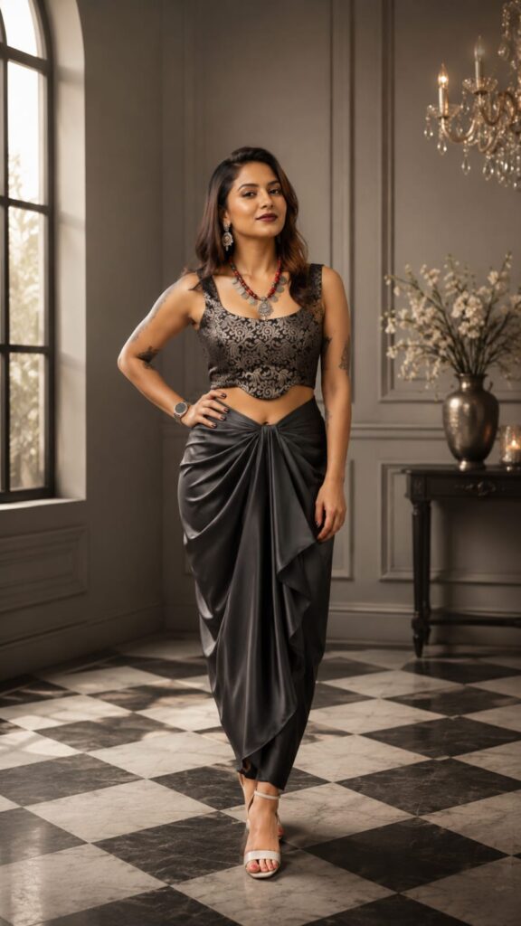 Midnight Black  Satin Draped Skirt with Black and gold Brocade Crop Top Set