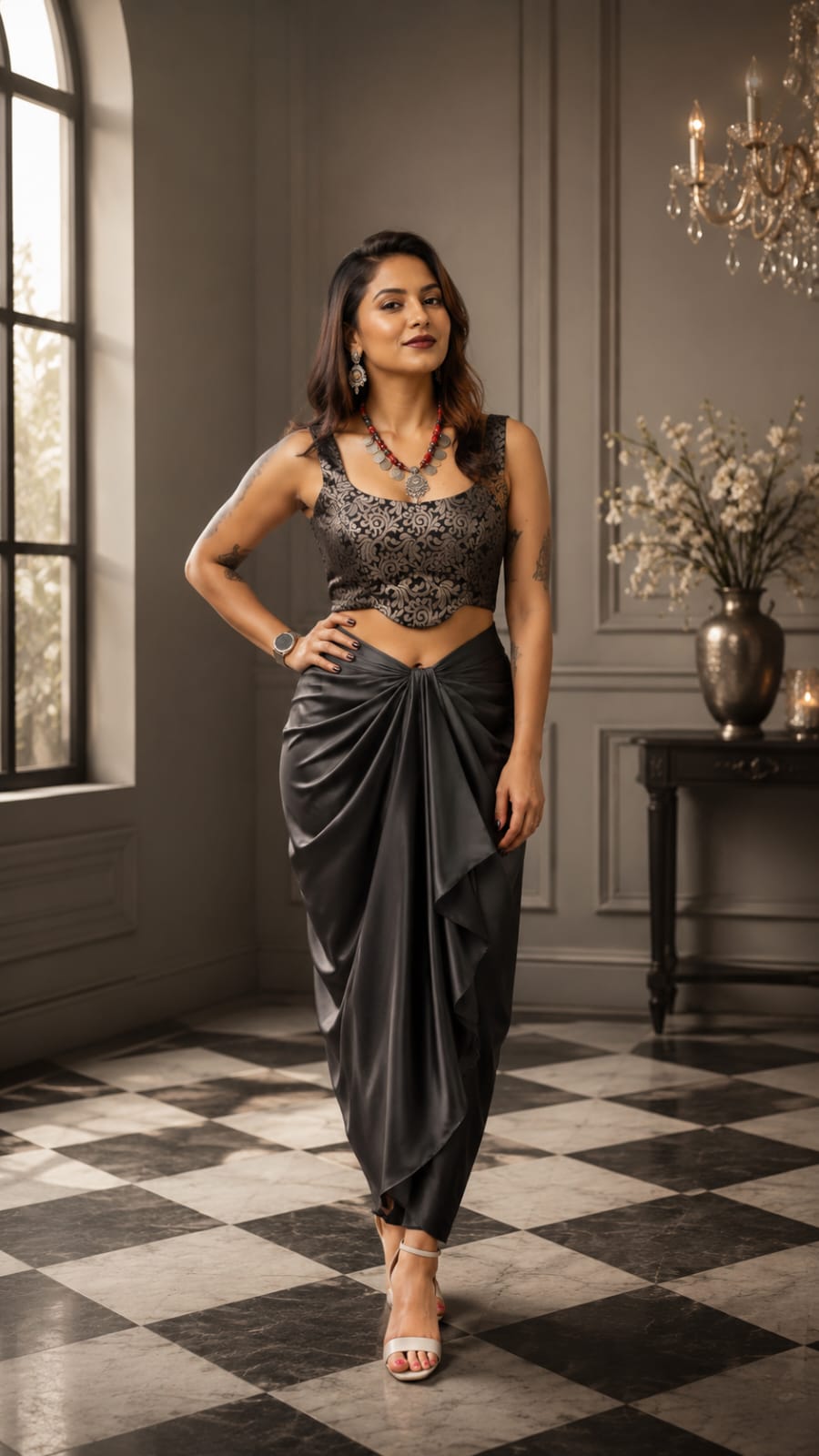 Midnight Black  Satin Draped Skirt with Black and gold Brocade Crop Top Set