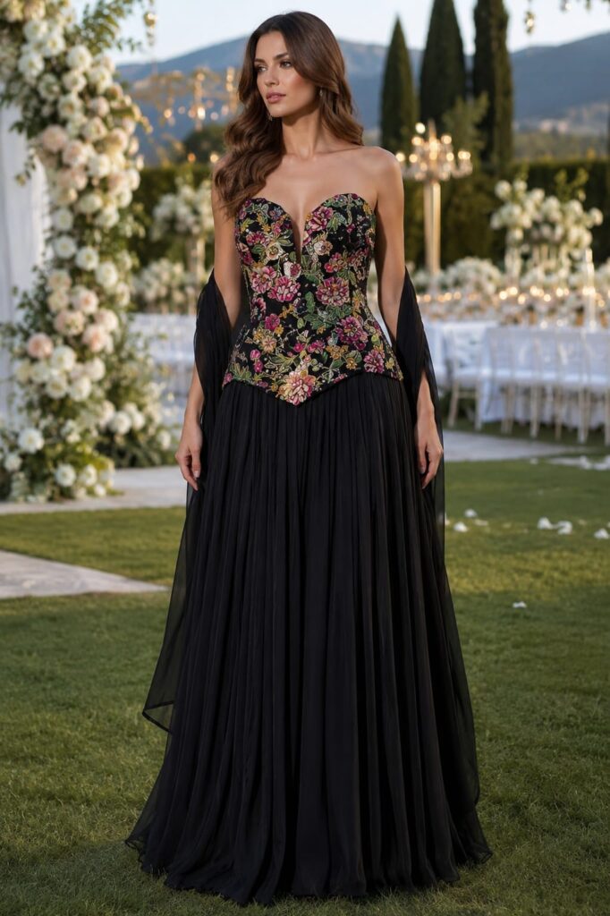 Midnight Bloom Embroidered Corset Gown with Cape
