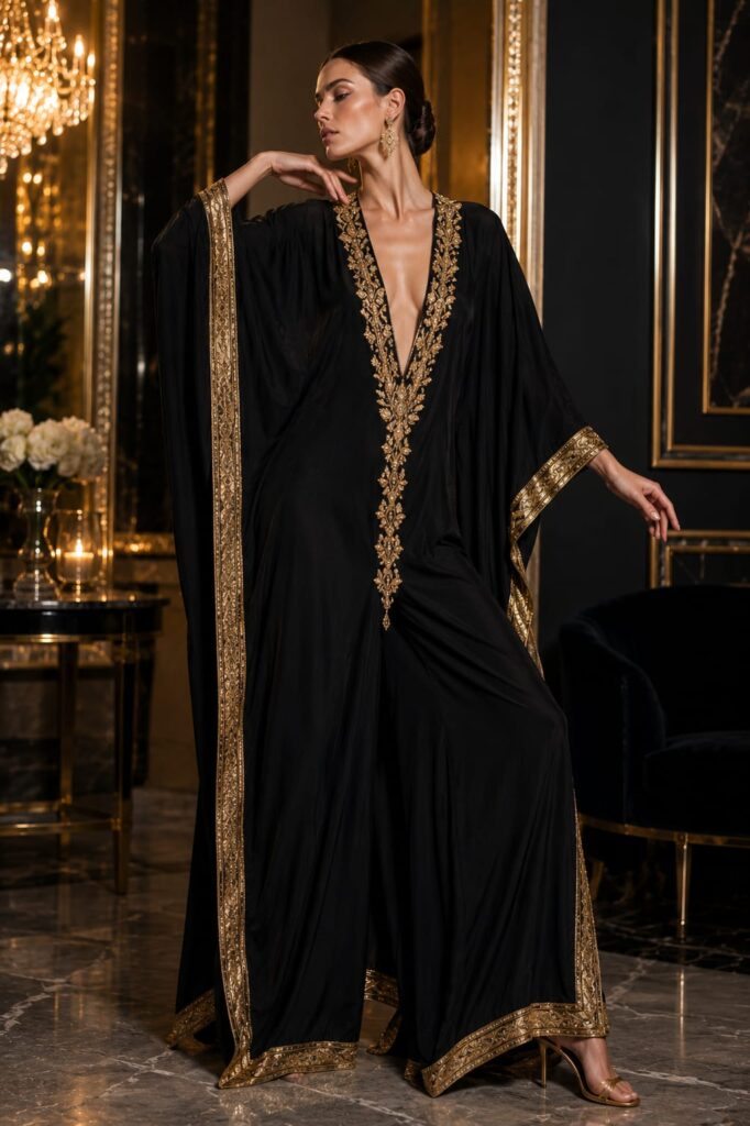 Midnight Noir Embellished Kaftan Jumpsuit gown