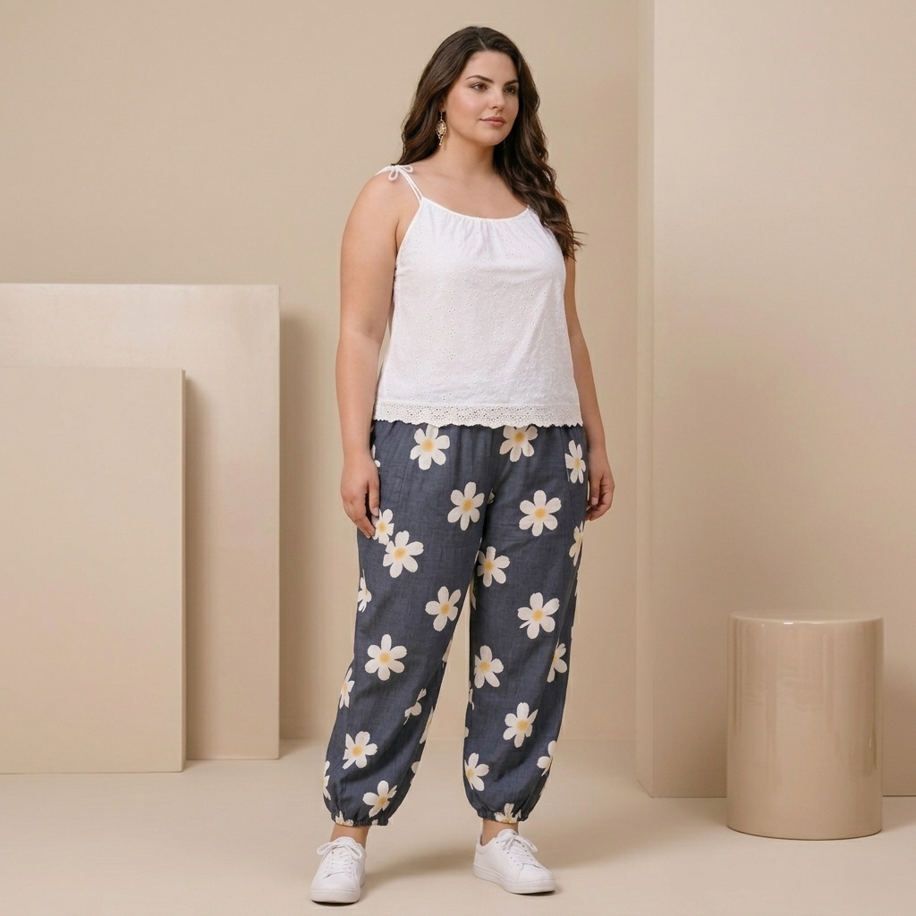 Black &White Daisy Print Cotton Lounge Pants for Women