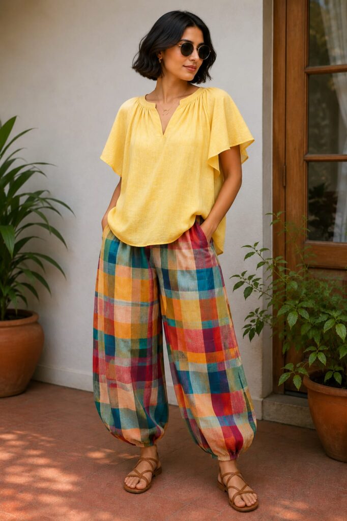 Multi colured Madras checked Balloon pants