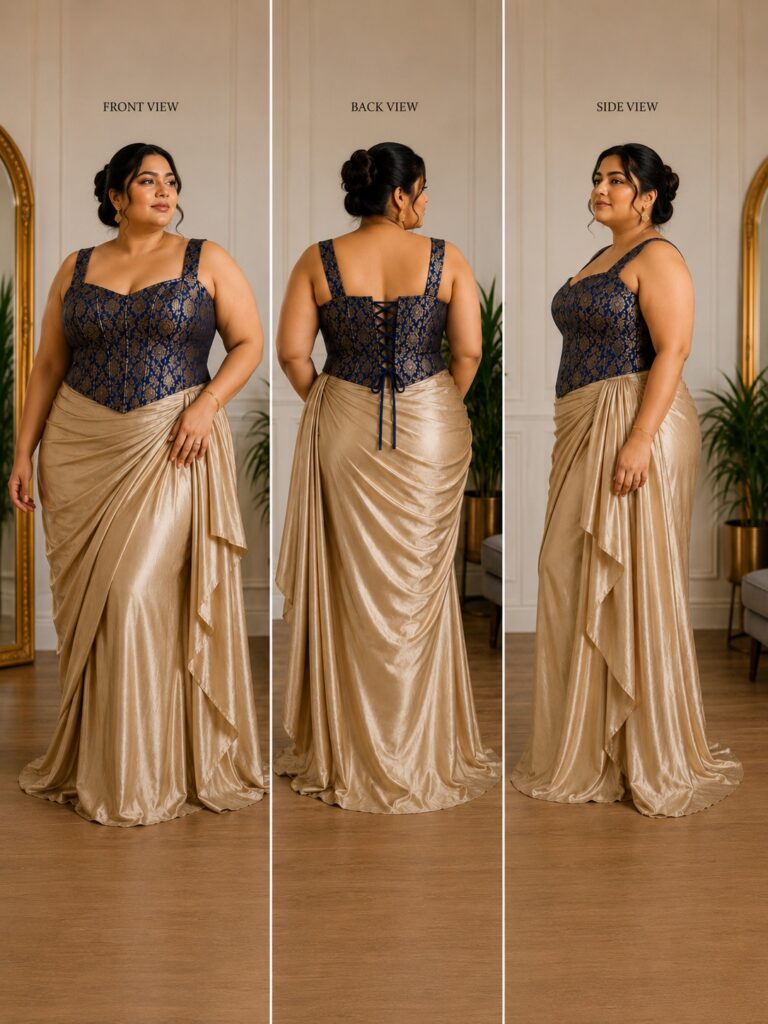 Plus Size Navy Blue Brocade Corset Blouse with Boning