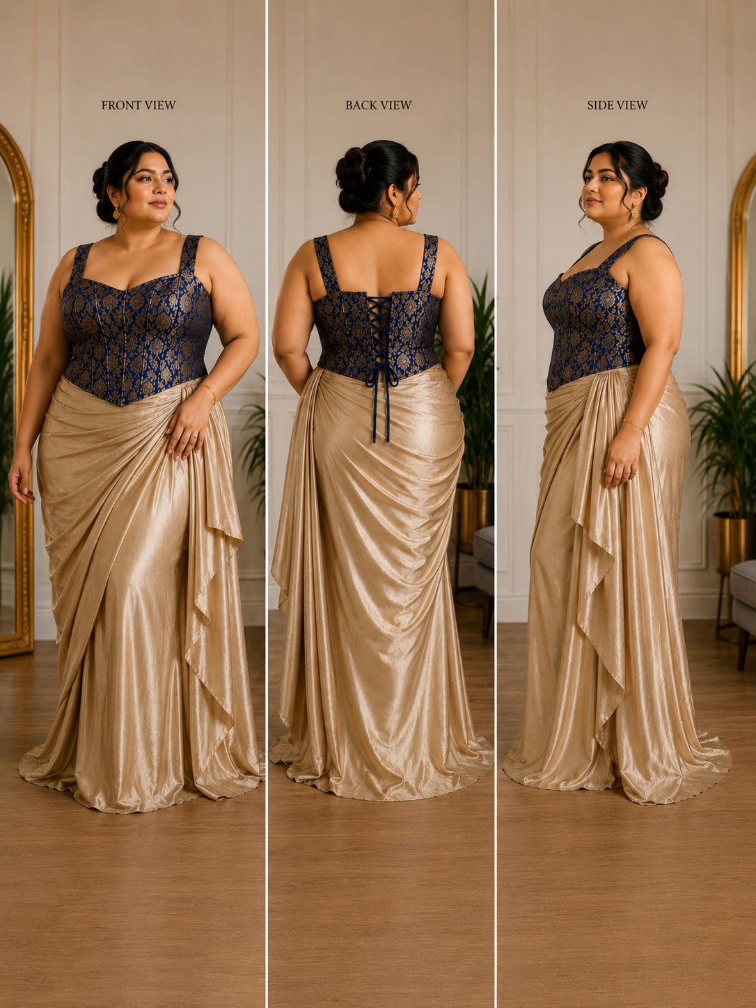 Plus Size Navy Blue Brocade Corset Blouse with Boning