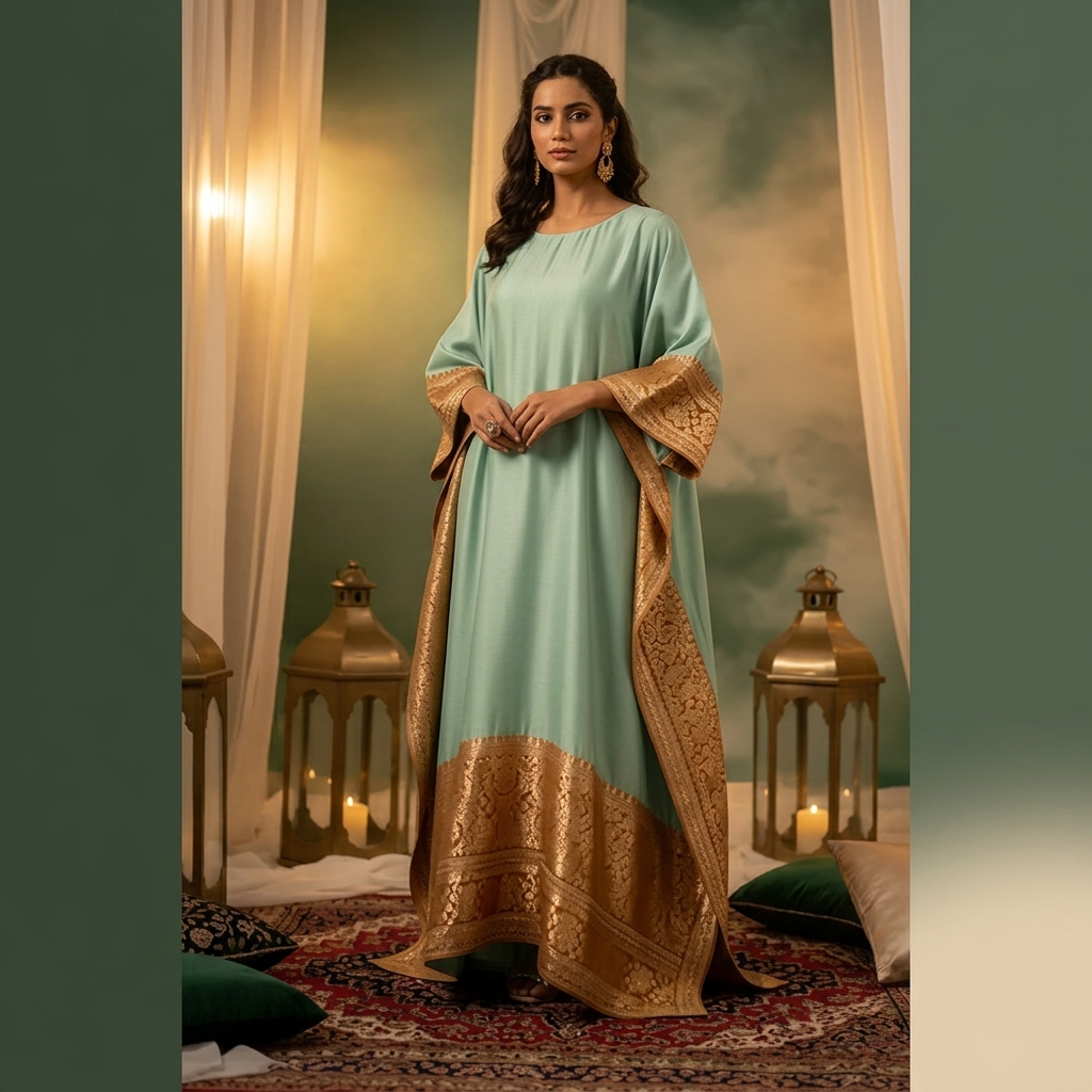 Mint Green Silk Blend Kurta Set with Golden Border